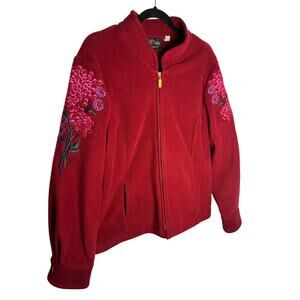 Bob Mackie Wearable Art Red Fleece Zip Jacket Floral Embroidery Women Large